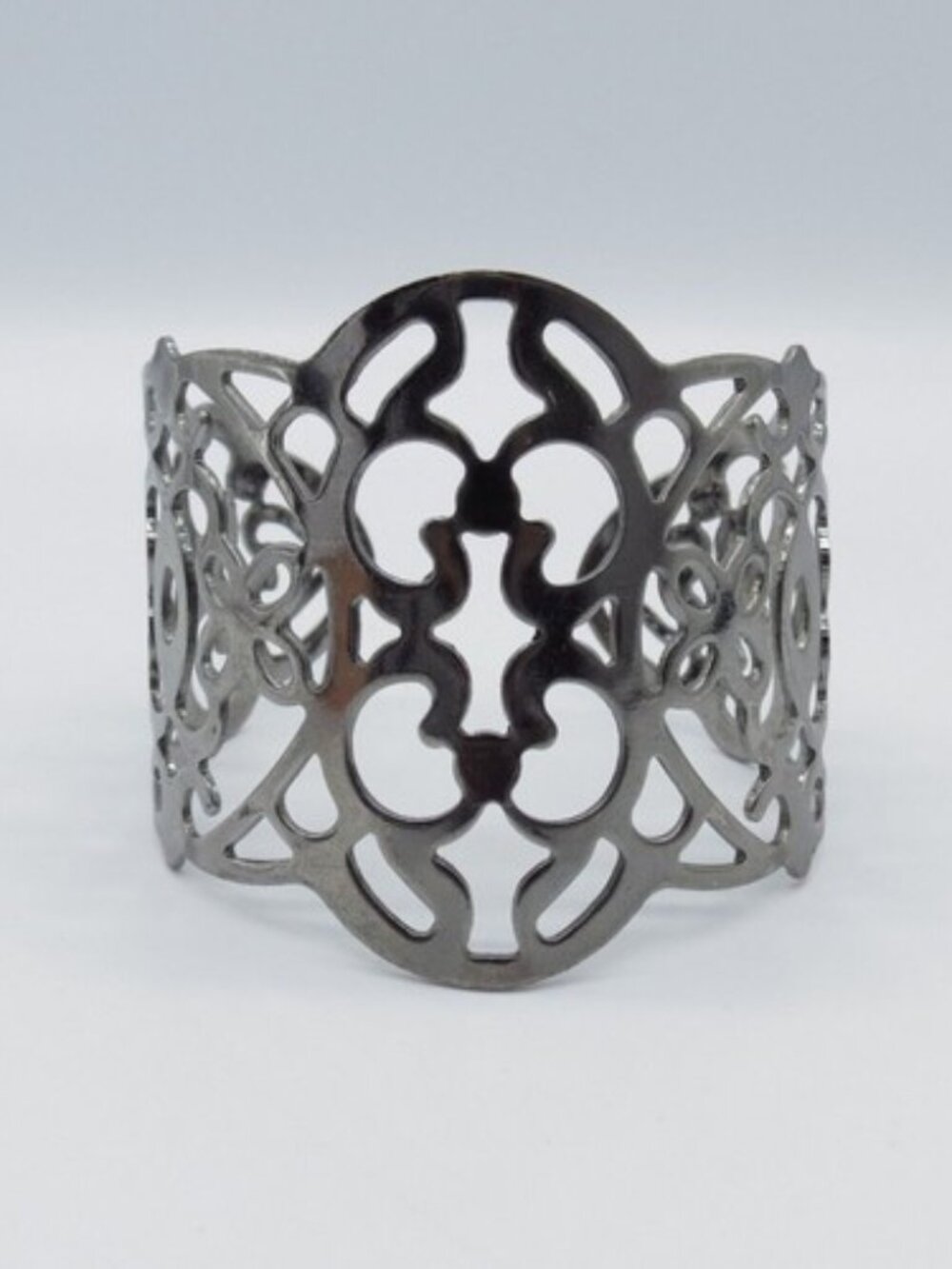 Intricate Cutout Wide Cuff Bracelet 7.8" Gunmetal Scrolls Vintage Inspired